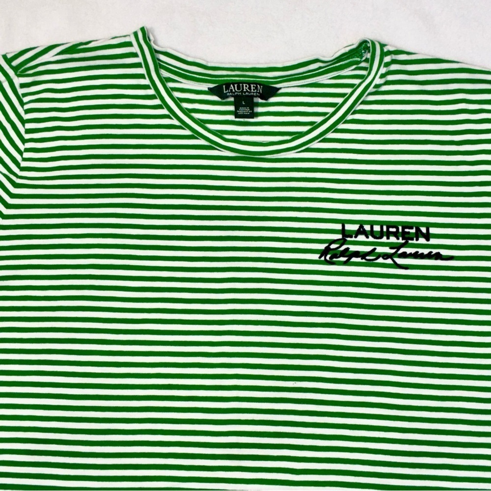 Lauren Ralph Lauren Womens T-Shirt White Green Stripe Embroidered Logo Large